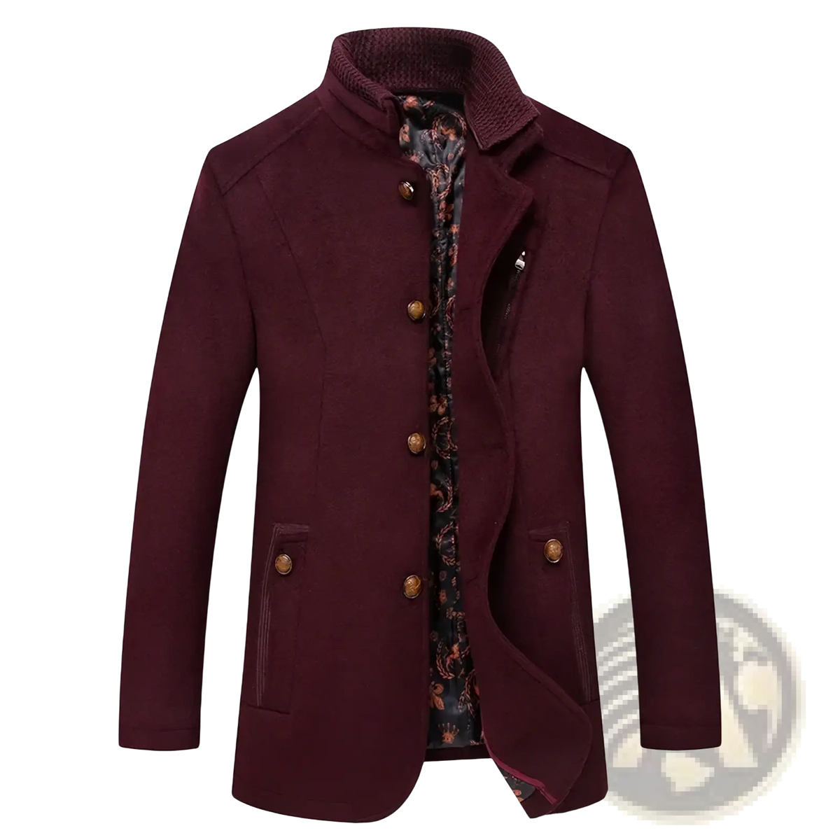 Men’s maroon wool trench coat with high collar and gold toned buttons warm winter business outerwear