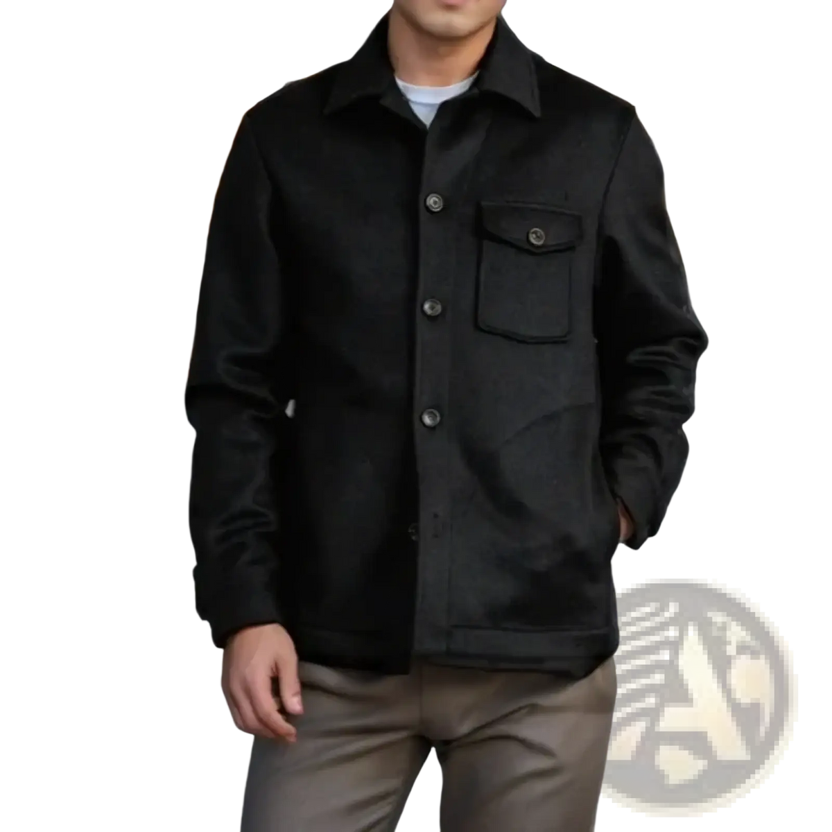 Men’s black corduroy woolen single-breasted jacket with buttoned chest pocket and collar for formal wear
