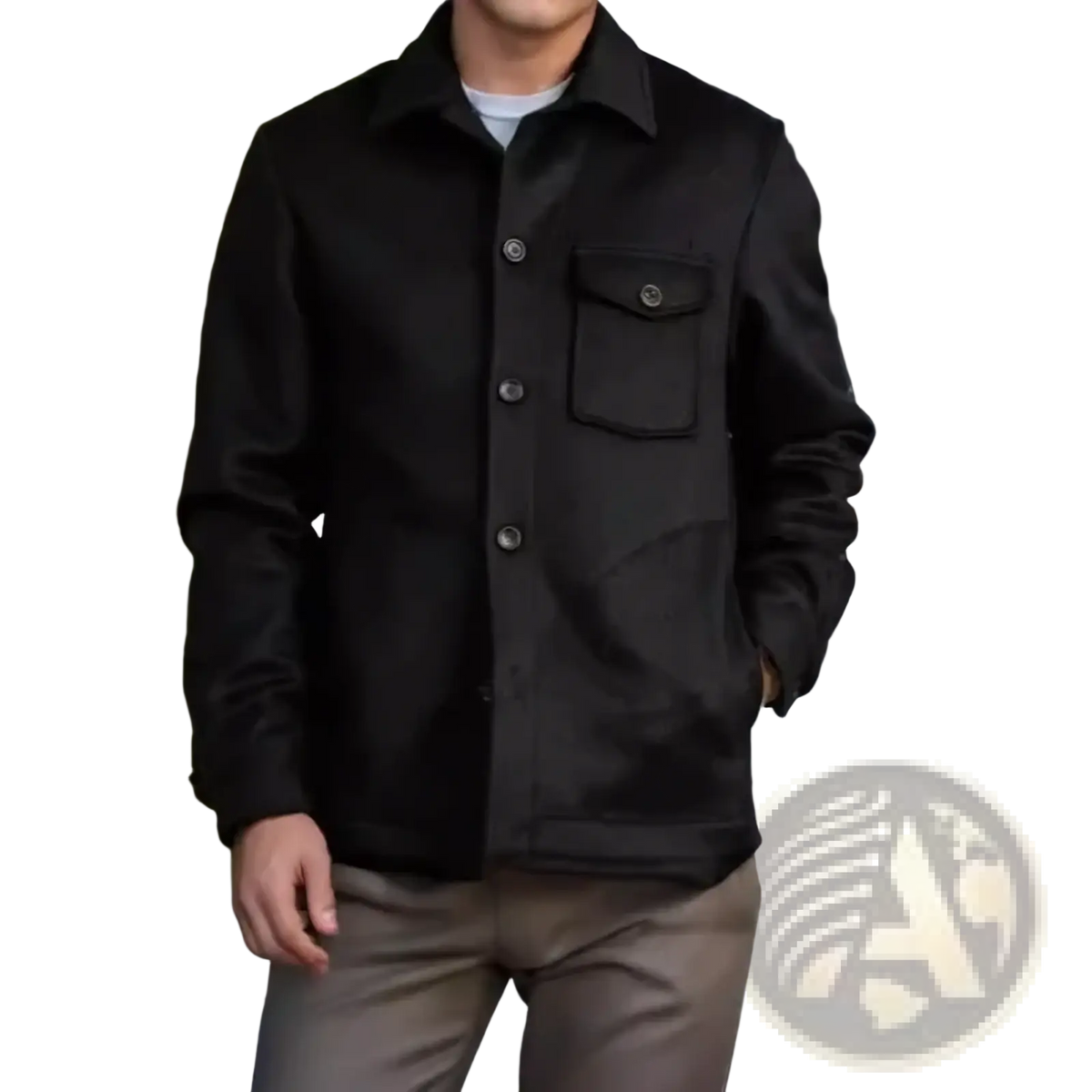 Men’s black woolen single-breasted jacket with chest pocket and dark buttons for formal outerwear