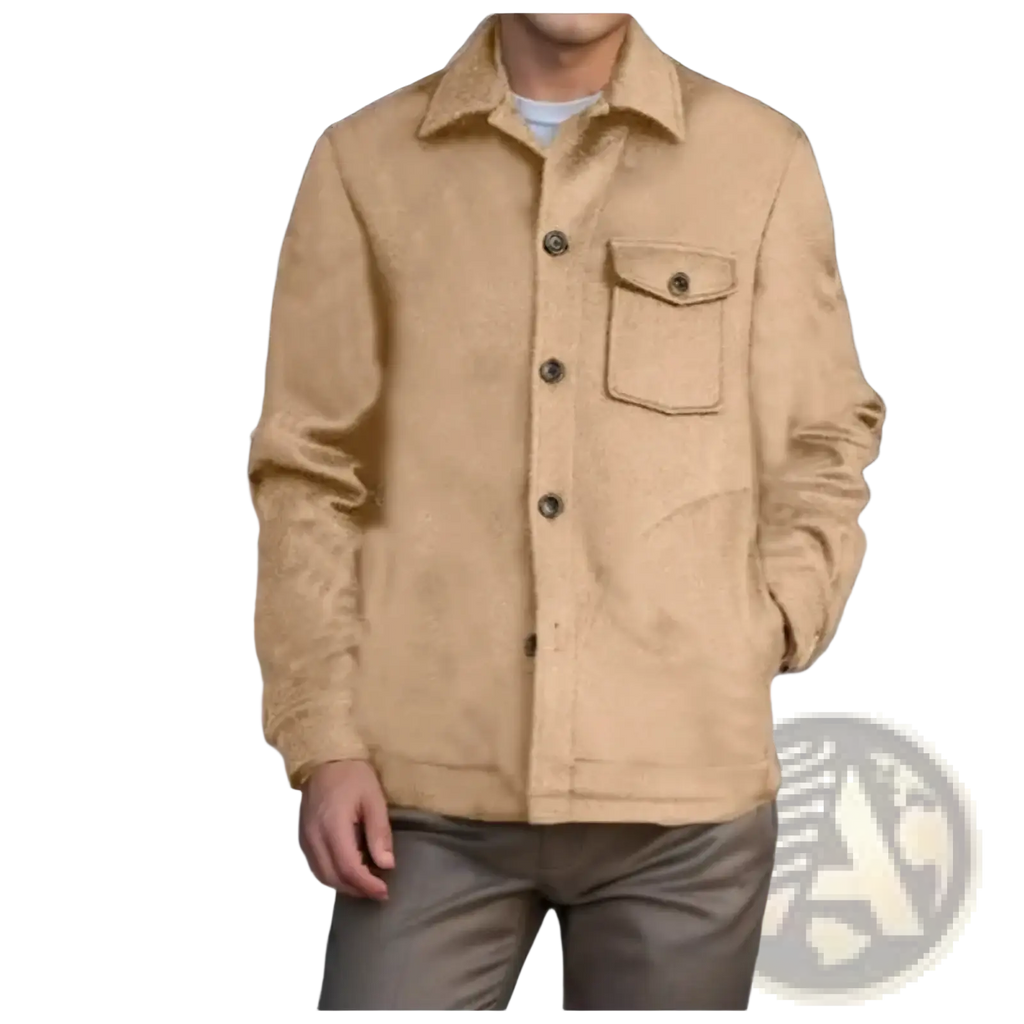 Men’s woolen coat single-breasted jacket in tan suede with collar chest pocket and dark brown buttons