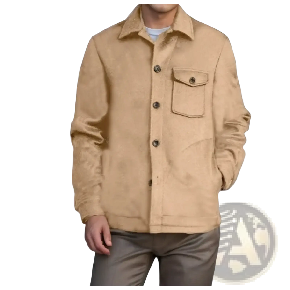 Men’s woolen coat single-breasted jacket in tan suede with collar chest pocket and dark brown buttons