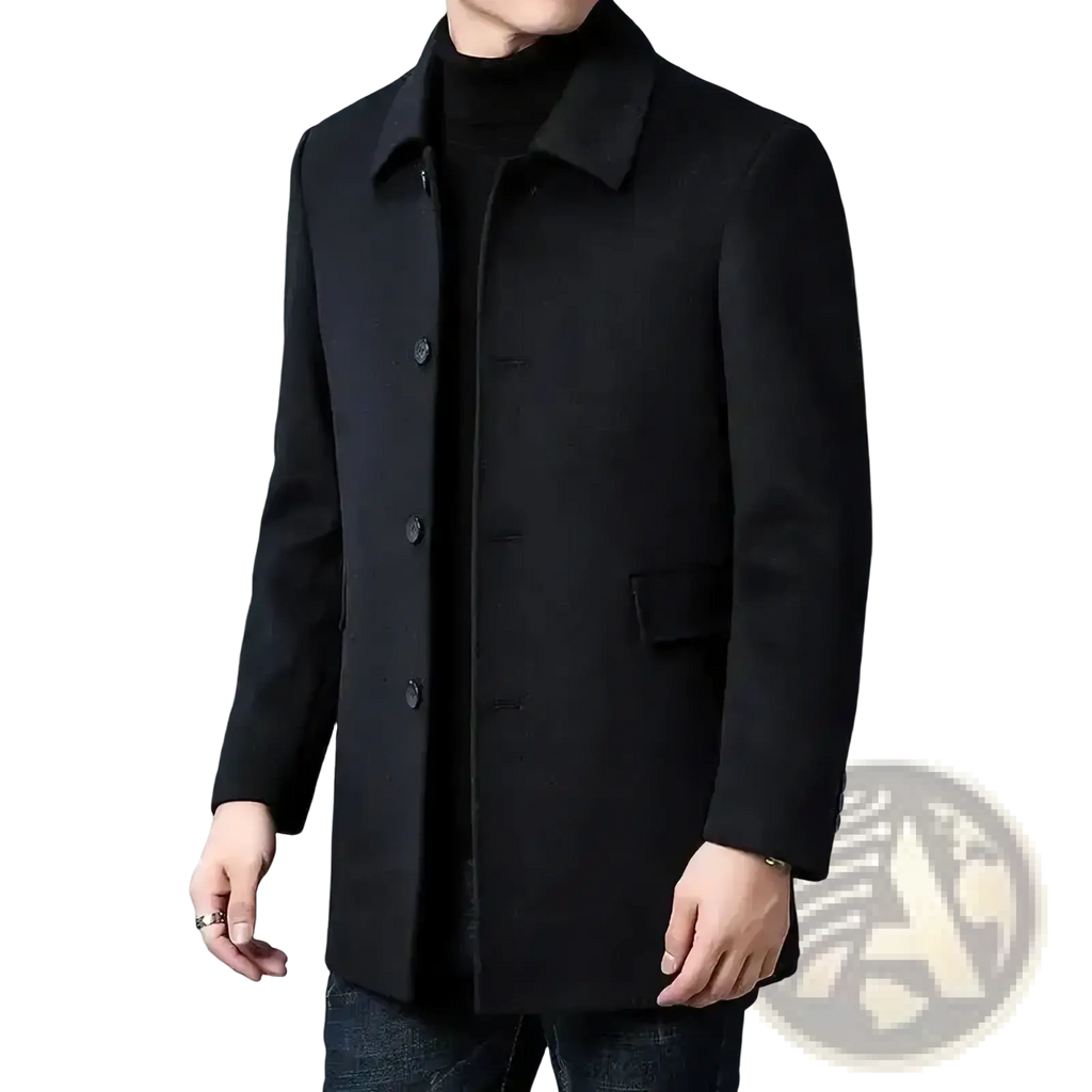 Black woolen overcoat with classic collar and button closure for mens casual autumn winter jacket