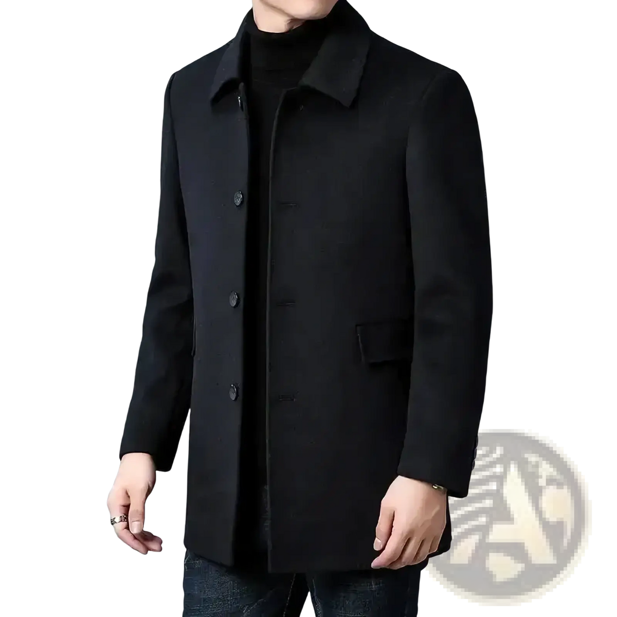 Black woolen overcoat with classic collar and button closure for mens casual autumn winter jacket