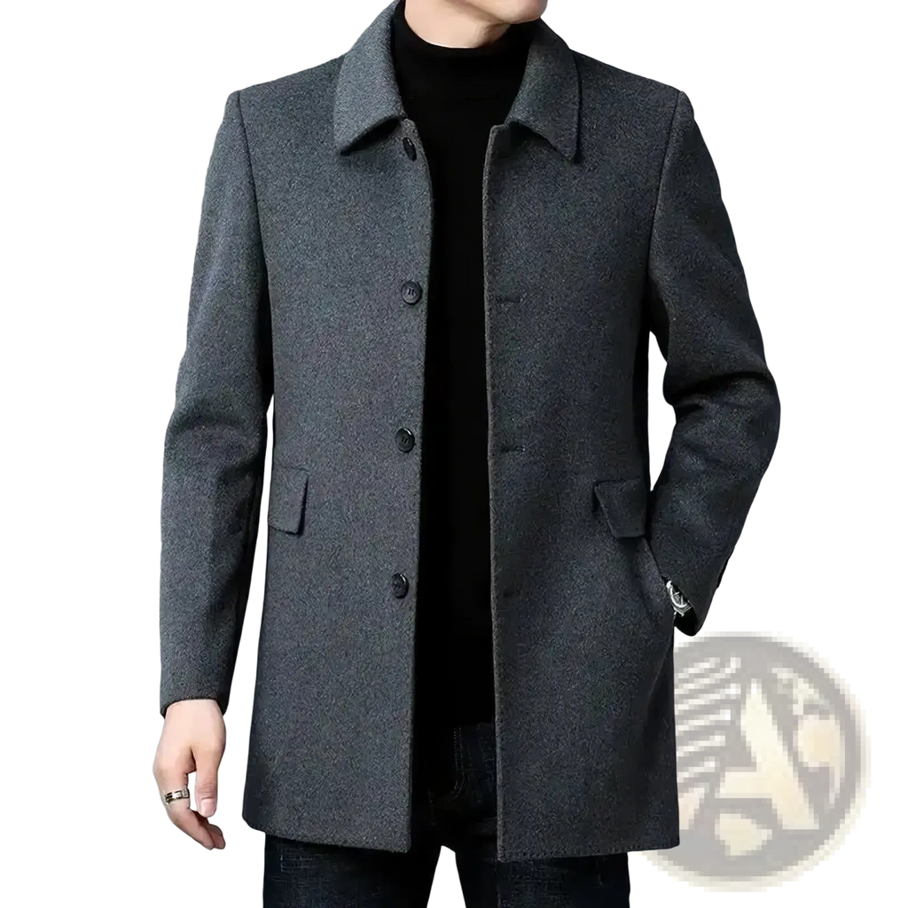 Mens woolen overcoat dark gray with notched collar and front button closure casual autumn winter jacket