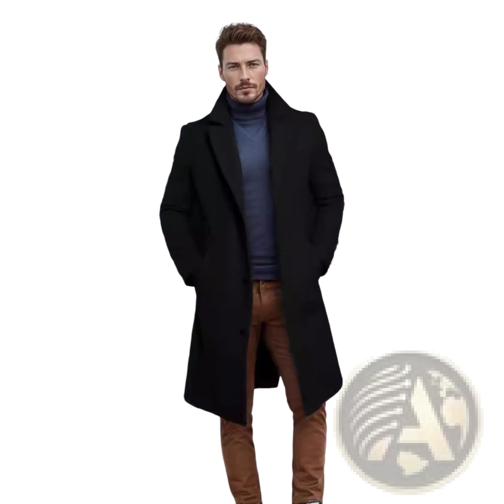Men’s black woolen overcoat with classic collar and front buttons ideal for business wear