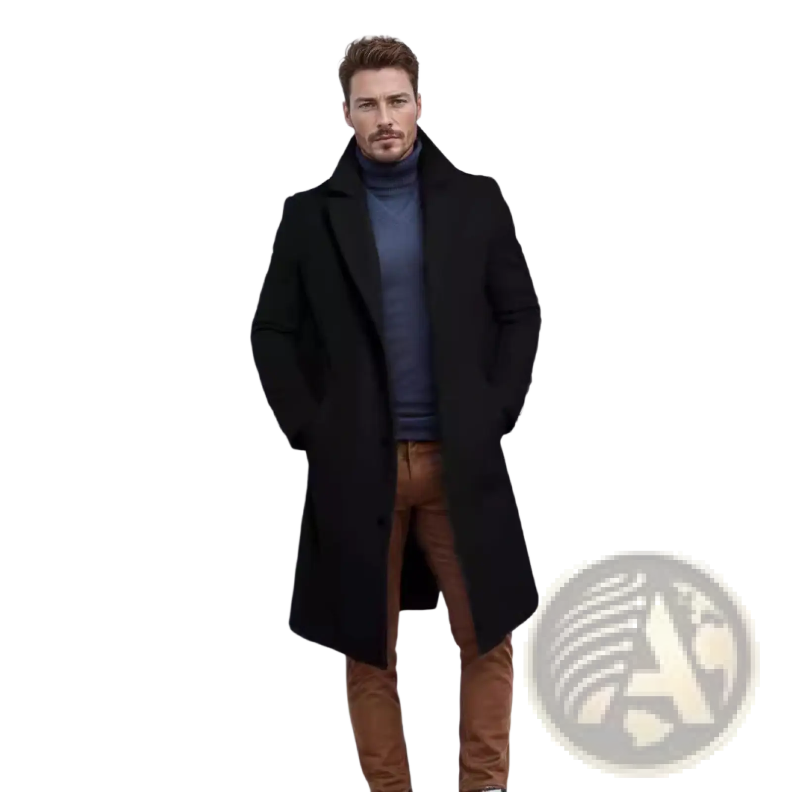 Men’s black woolen overcoat with classic collar and front buttons ideal for business wear
