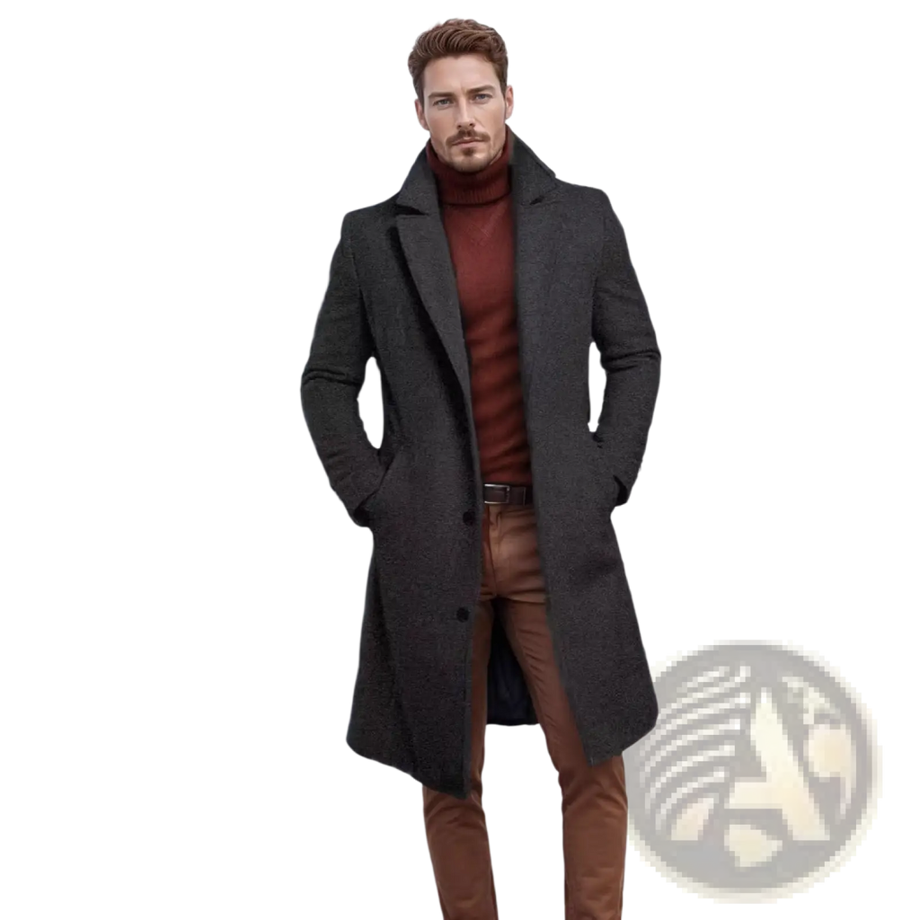Men’s dark gray woolen trench coat with classic collar and button closure for business overcoat use