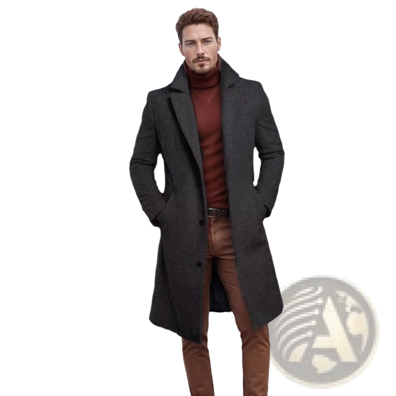 Men’s dark gray woolen trench coat with classic collar and button closure for business overcoat use