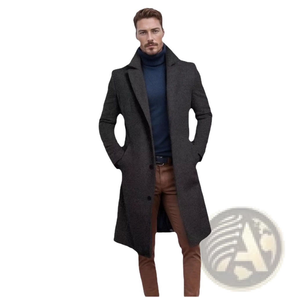 Men’s dark gray woolen trench coat with classic collar and front button closure for business wear