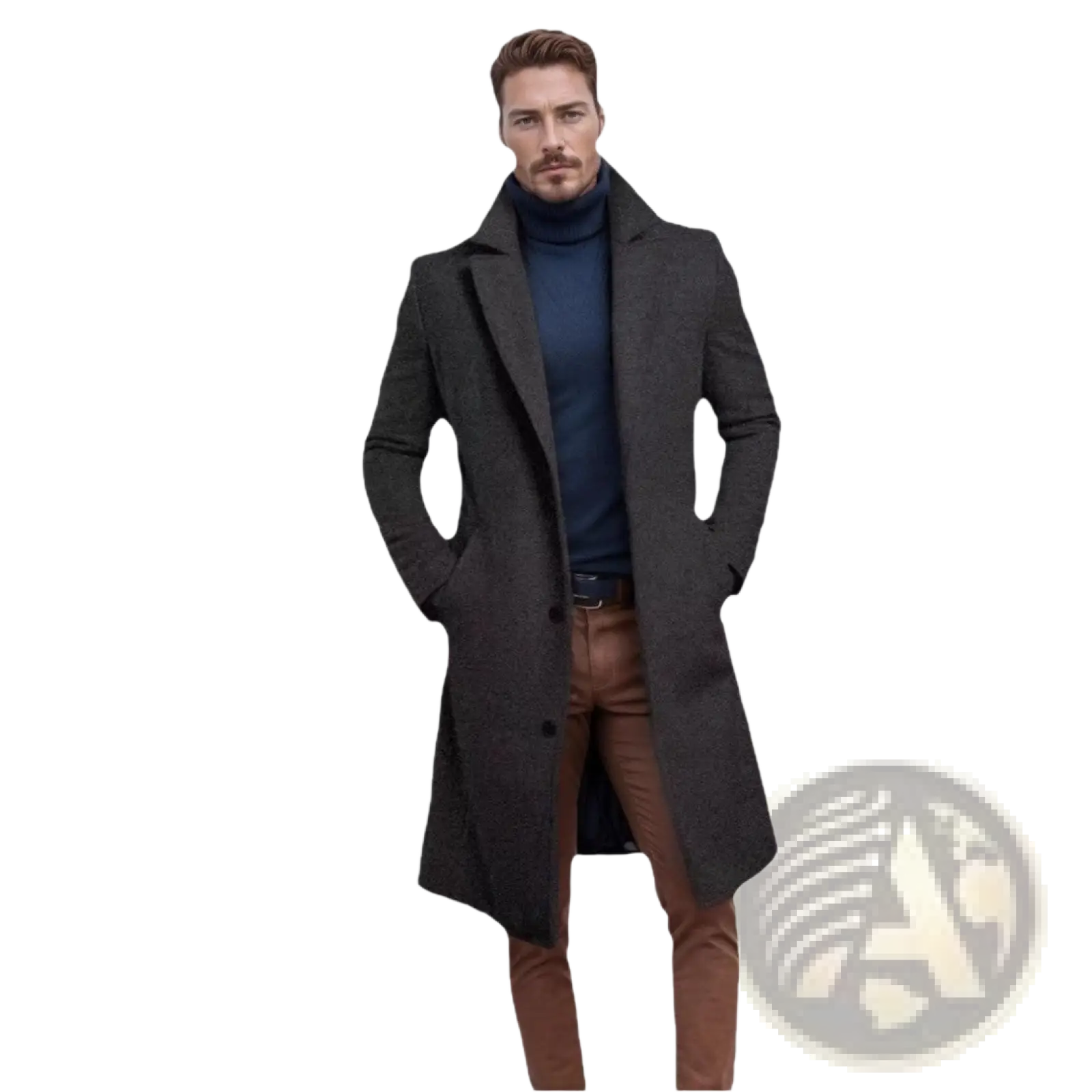 Men’s dark gray woolen trench coat with classic collar and front button closure for business wear