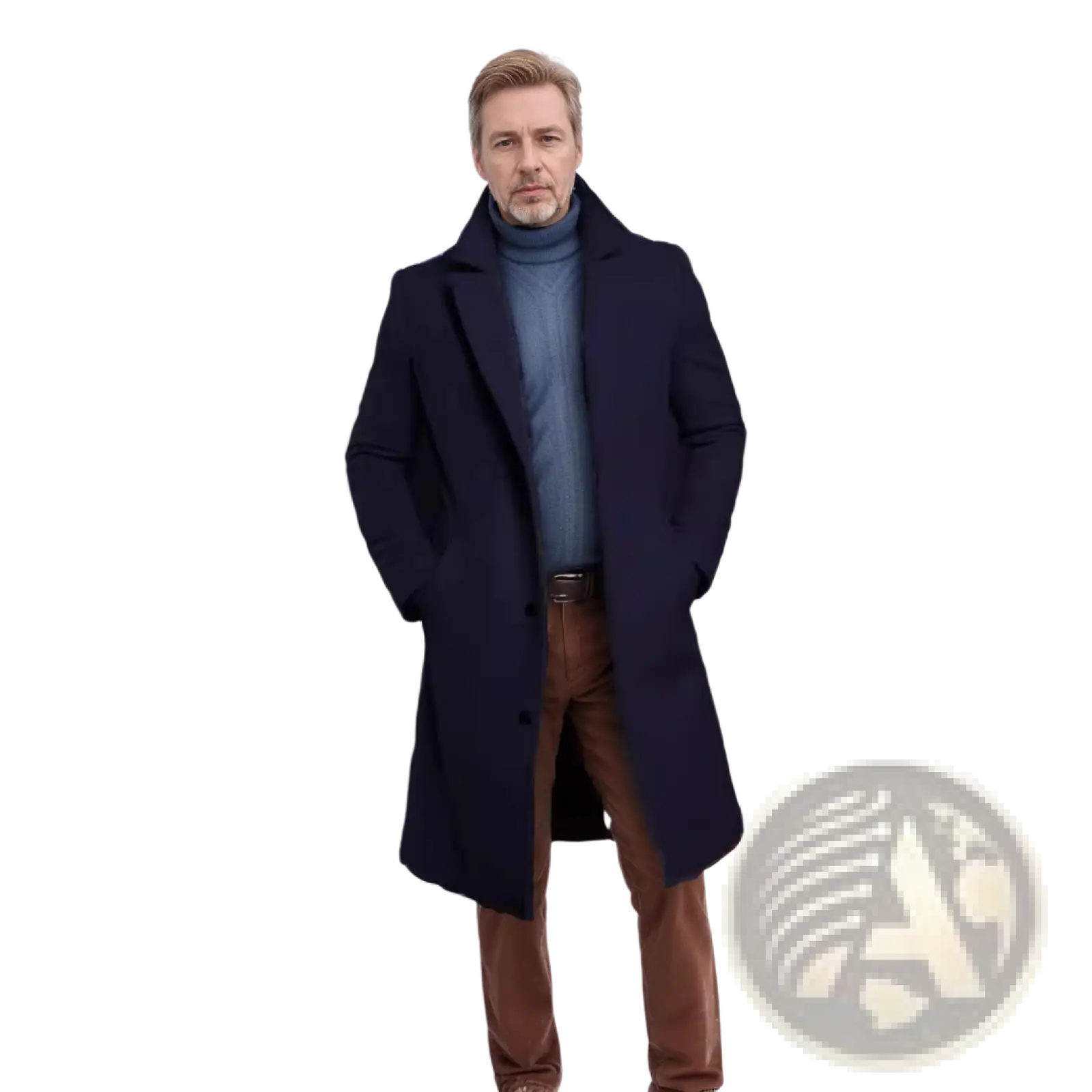 A man wearing a navy blue wool overcoat with black buttons styled with brown trousers and a teal turtleneck