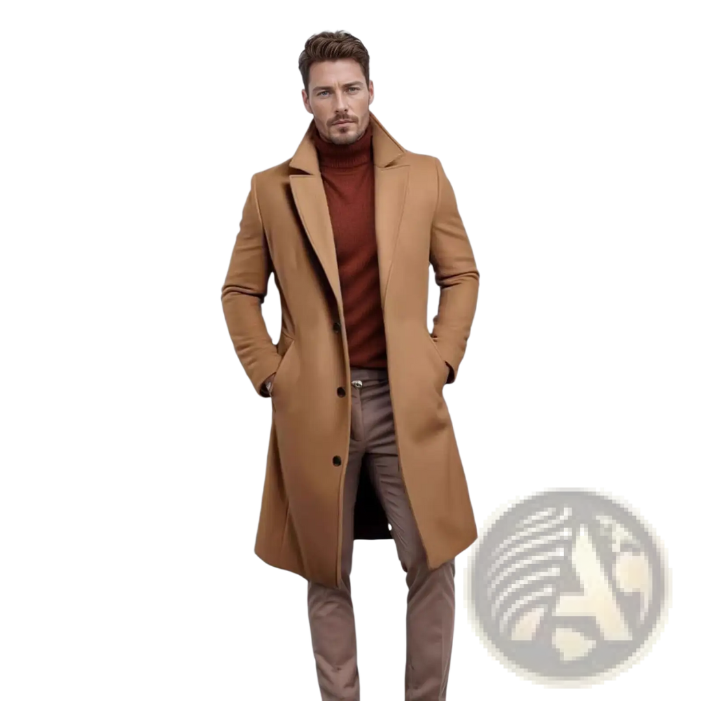 Men’s camel-colored wool overcoat with classic notched collar and black buttons for a sleek business look