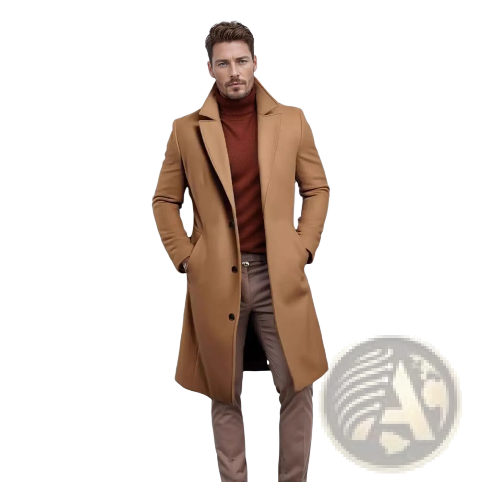Men’s camel-colored wool overcoat with classic notched collar and black buttons for a sleek business look