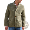 Men’s olive green woolen jacket with wooden buttons and two front pockets complementing a navy blue slim fit trench coat