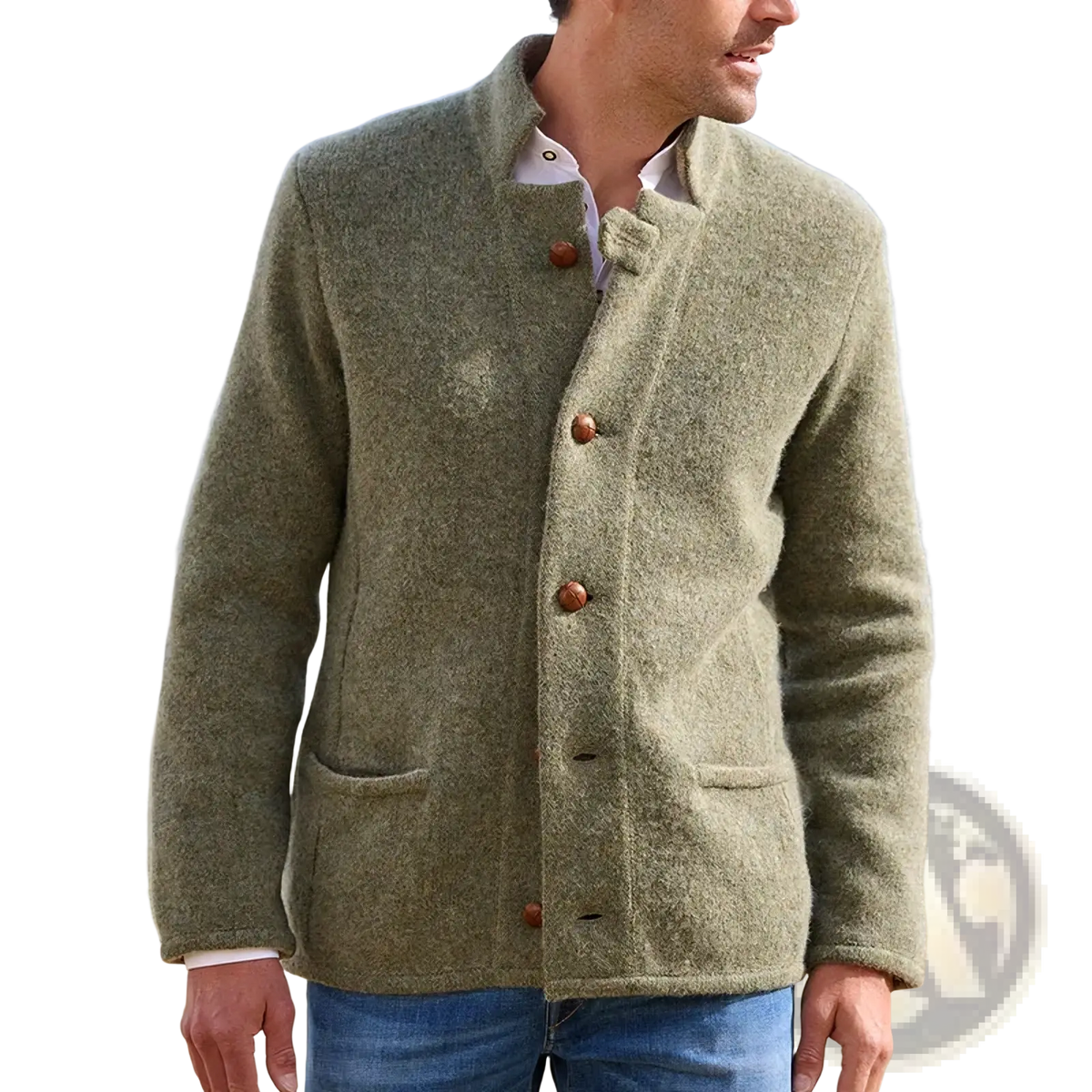 Men’s olive green woolen jacket with wooden buttons and two front pockets complementing a navy blue slim fit trench coat