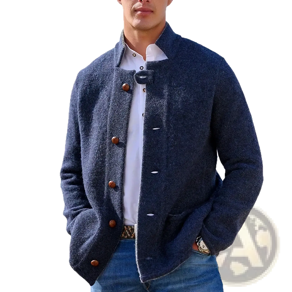 Men’s slim fit woolen trench coat in navy blue with wooden buttons and a stand-up collar textured fabric