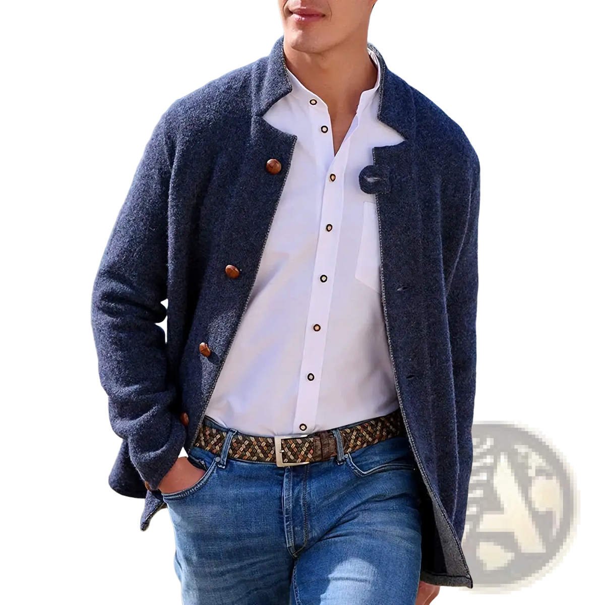 Men’s slim fit navy blue woolen trench coat with textured fabric brown wooden buttons and notched collar