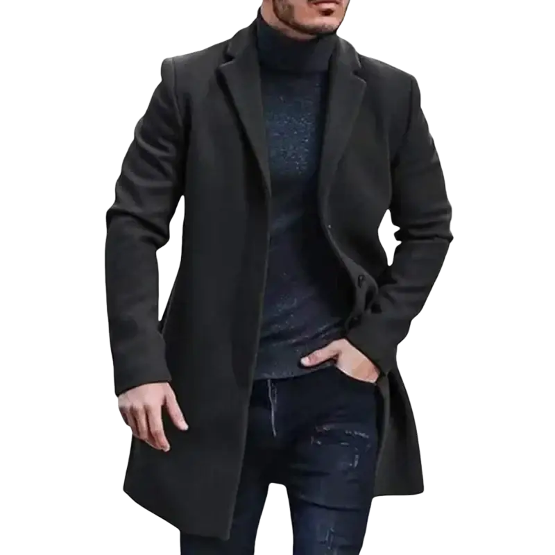 Black woolen overcoat for men with classic notched lapel and button closure winter jacket solid color design