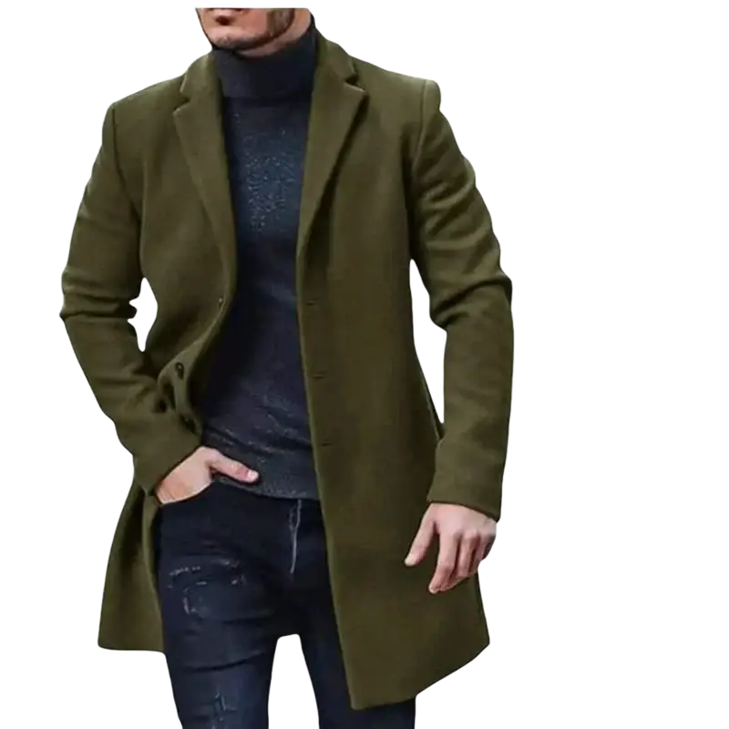 Men’s olive green woolen trench overcoat with classic notched lapel and button closure winter jacket