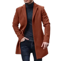 Men’s woolen trench overcoat in rich rust color with classic notched lapel and button closure for winter wear