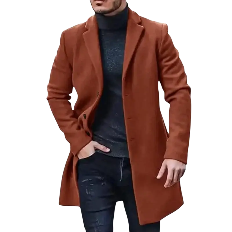 Men’s woolen trench overcoat in rich rust color with classic notched lapel and button closure for winter wear