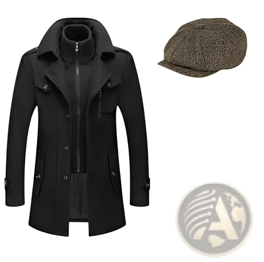 Men’s black woolen trench coat with high collar and front zipper paired with olive green tweed flat cap