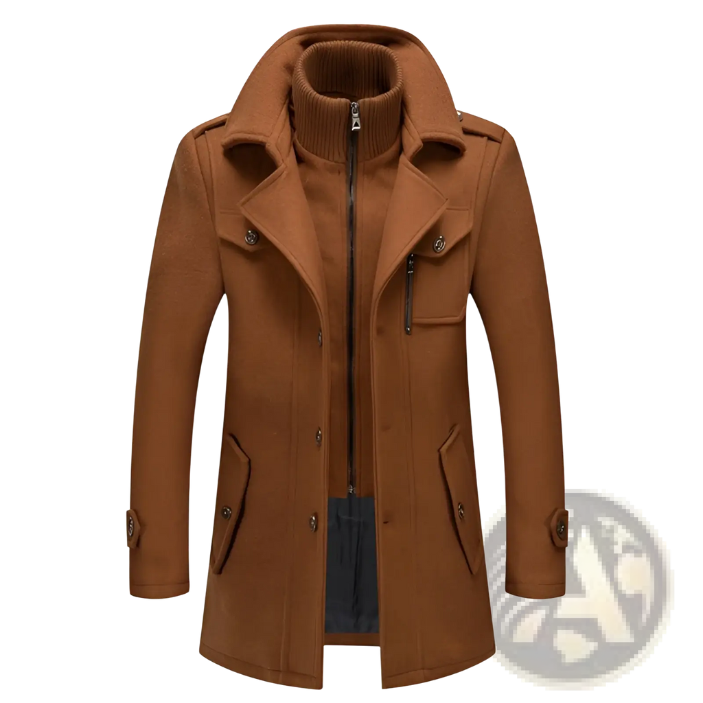 Men’s brown woolen winter overcoat with high collar and front zipper warm business jacket