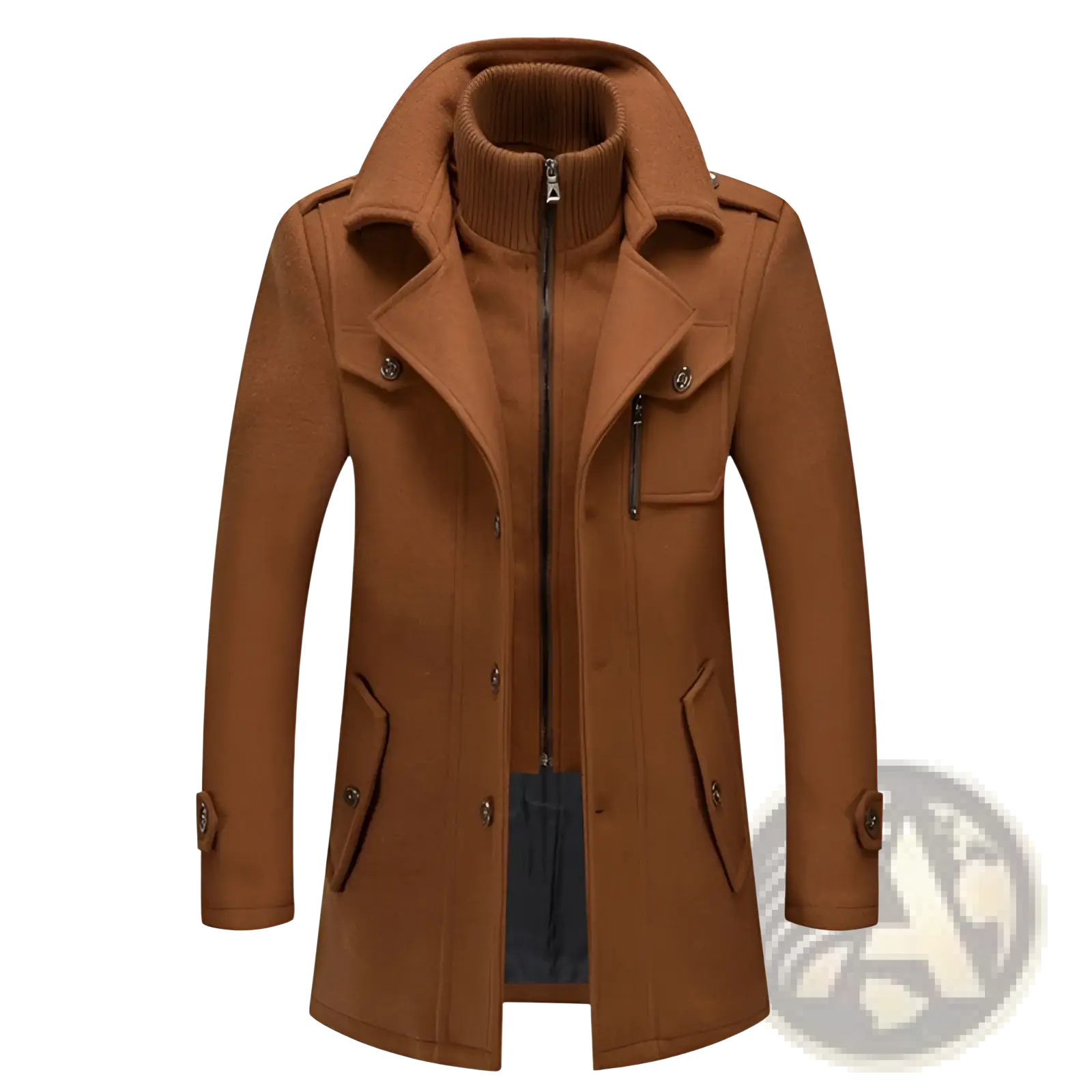Men’s brown woolen winter overcoat with high collar and front zipper warm business jacket