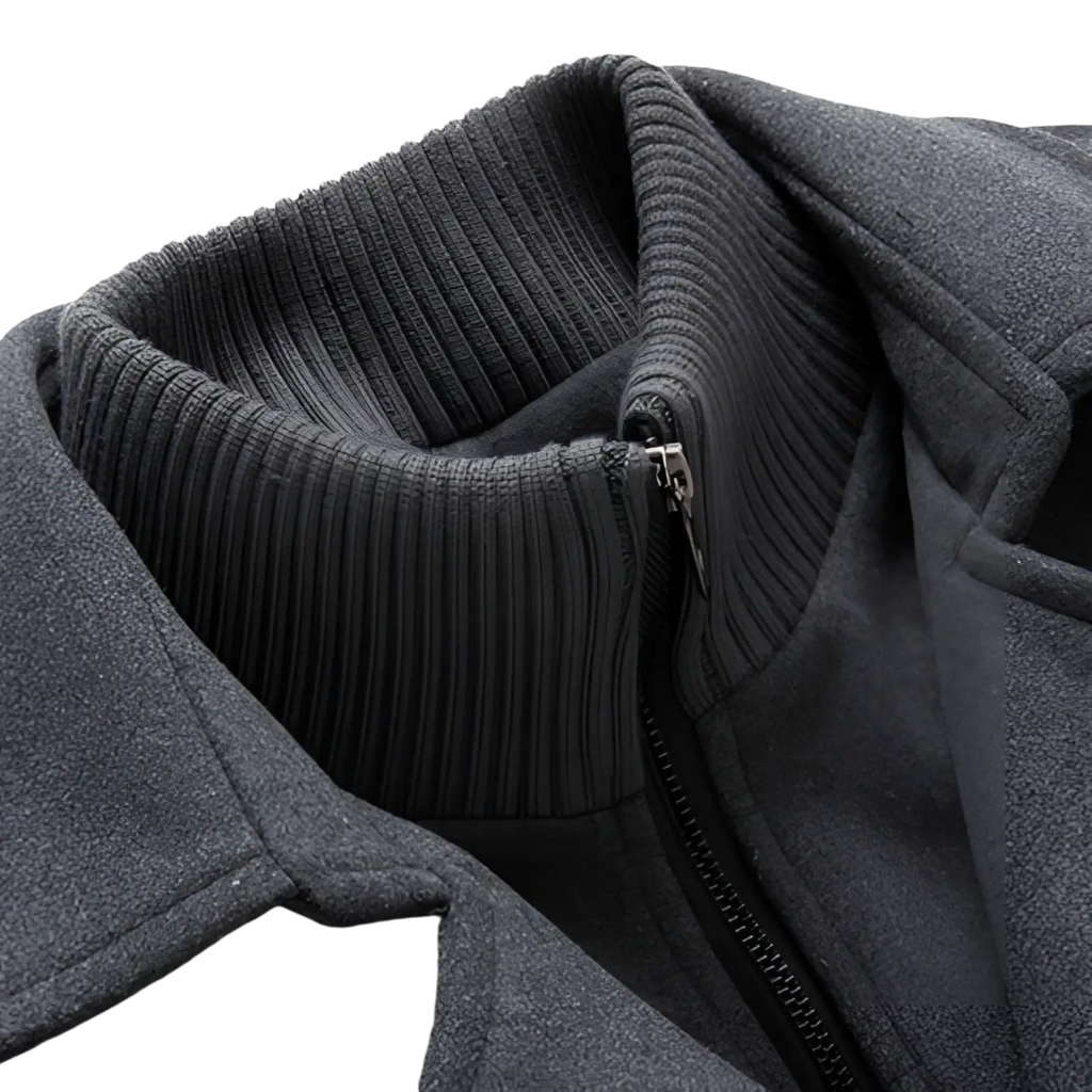 Men’s dark gray woolen winter overcoat with ribbed knit collar and zipper closure for warm business wear