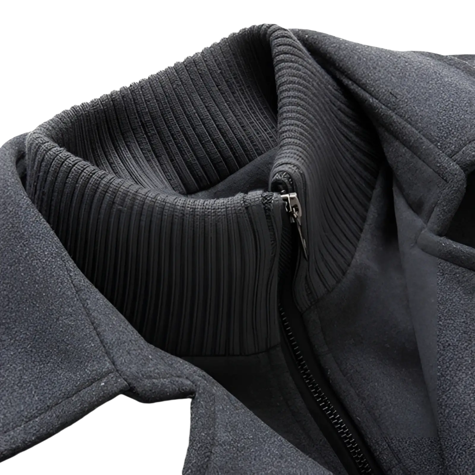 Men’s dark gray woolen winter overcoat with ribbed knit collar and zipper closure for warm business wear
