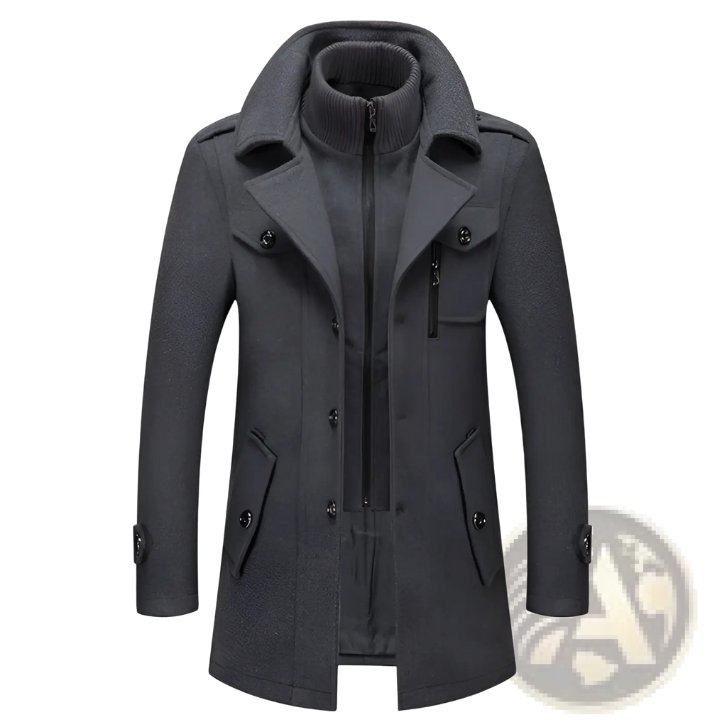Dark gray woolen men’s winter overcoat with high collar and buttoned front pockets for warm business wear