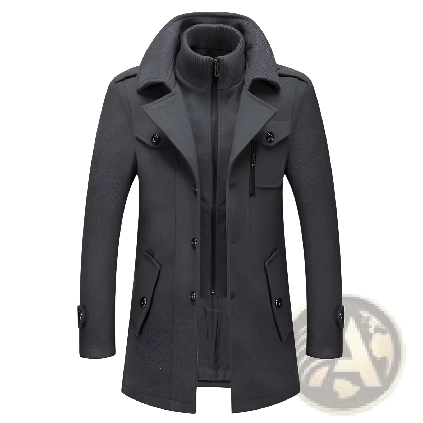 Dark gray woolen men’s winter overcoat with high collar and buttoned front pockets for warm business wear