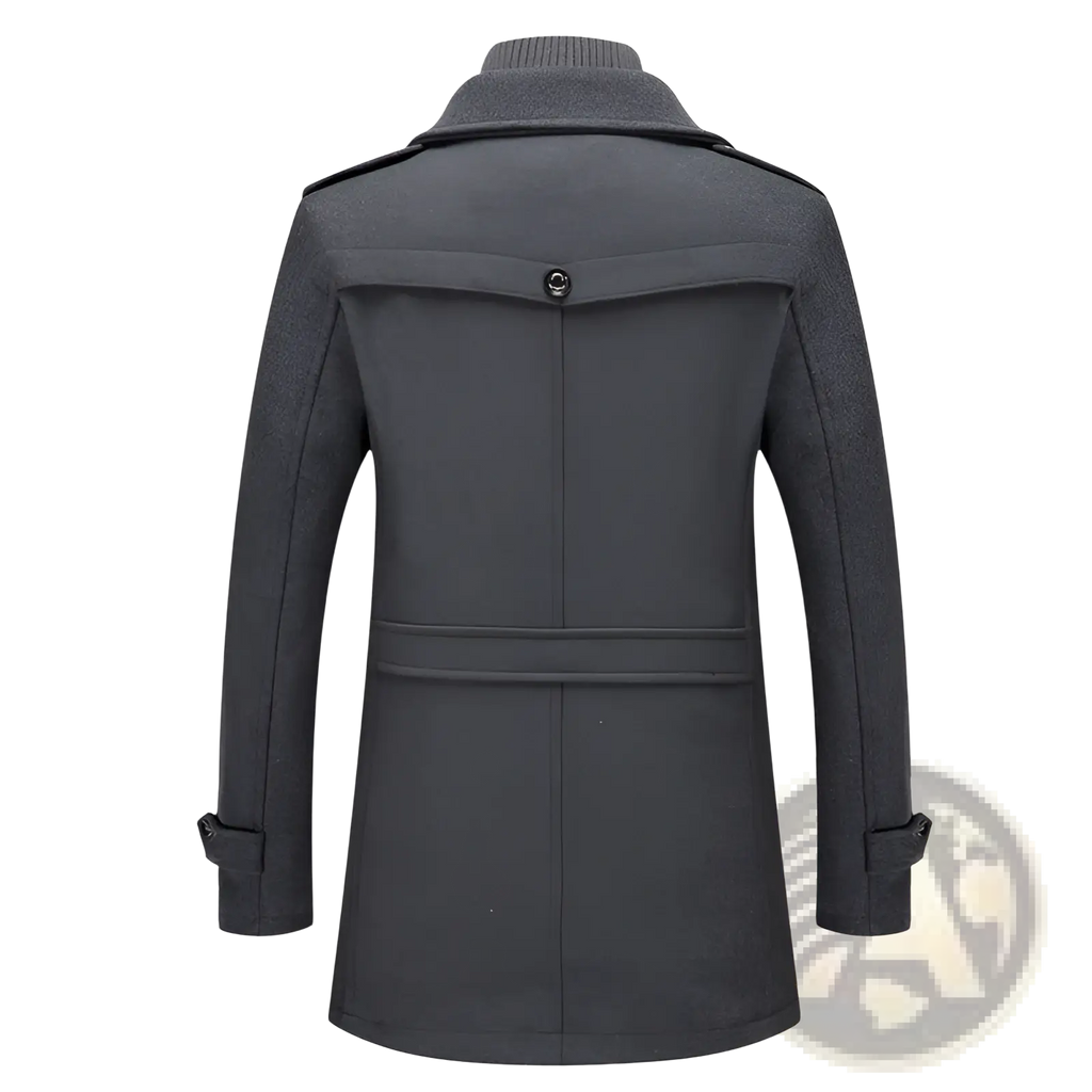 Dark gray woolen men’s winter overcoat with high collar and buttoned cuffs for warm business wear