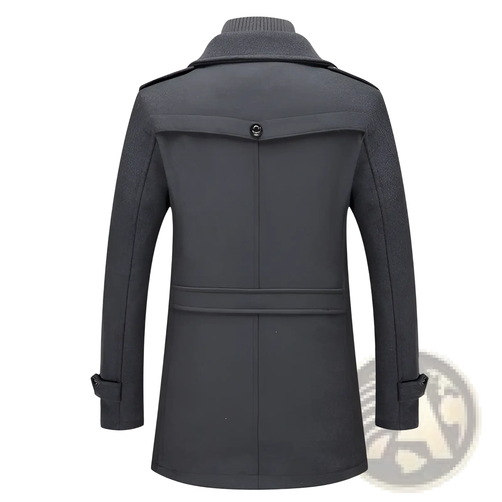 Dark gray woolen men’s winter overcoat with high collar and buttoned cuffs for warm business wear