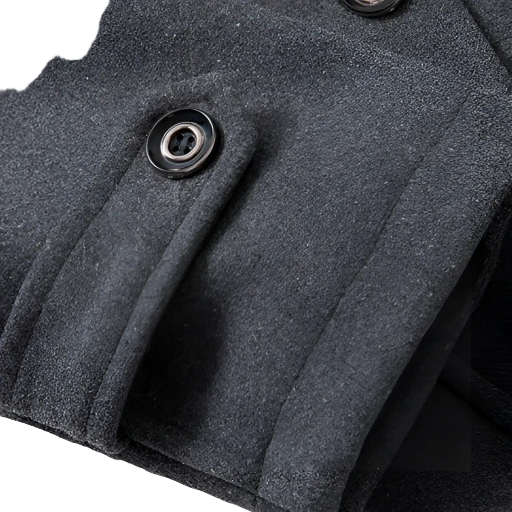 Men’s dark gray woolen winter overcoat with black button detail warm business jacket for cold weather