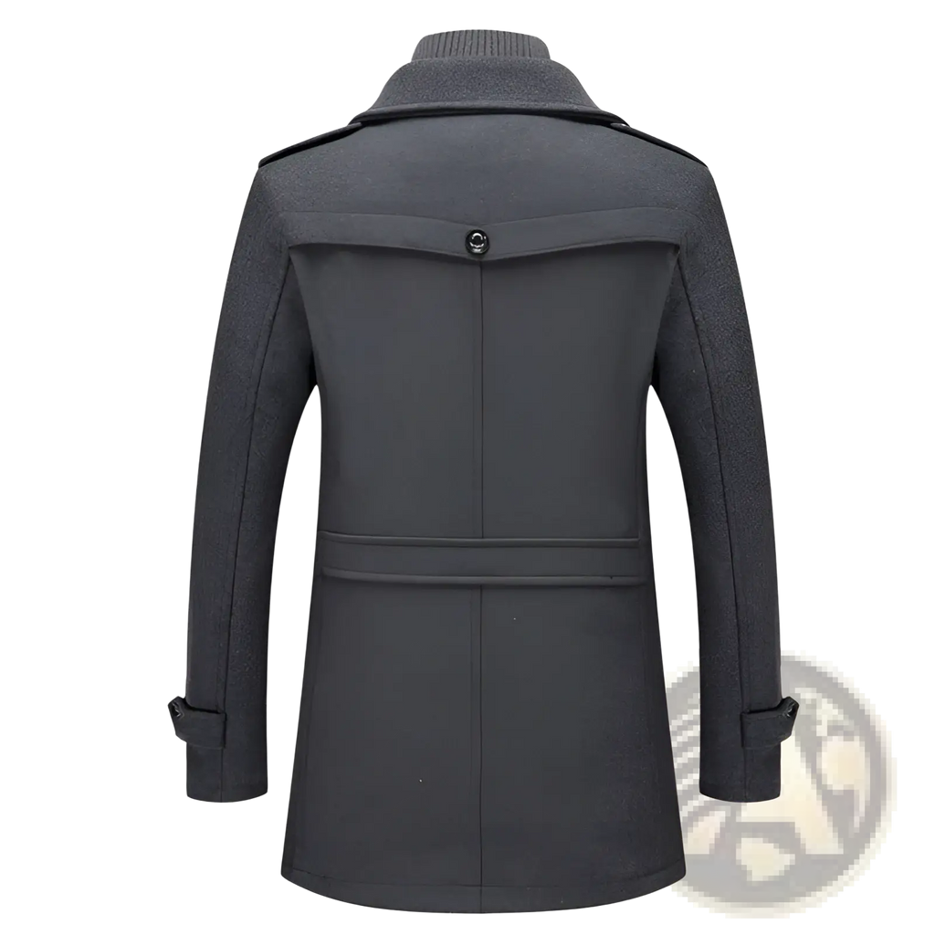Dark gray woolen overcoat with high collar and buttoned flap pockets for men’s warm business winter attire