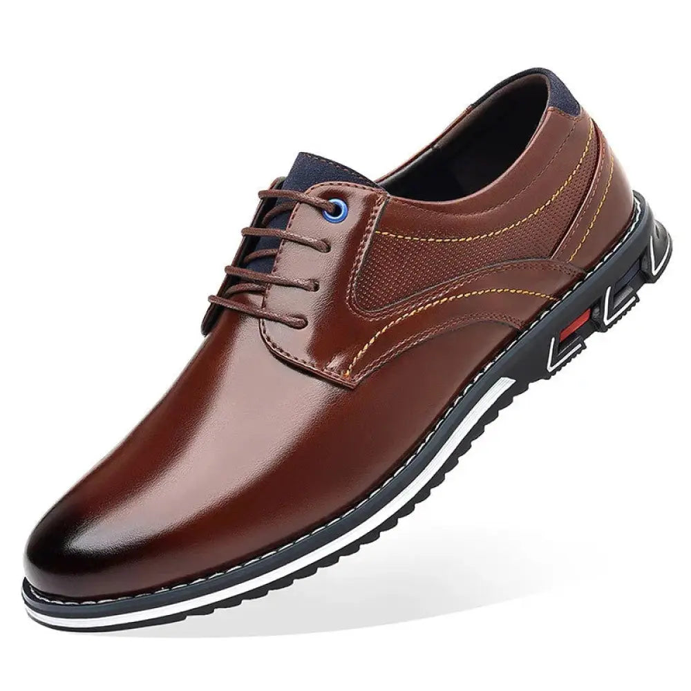 Men’s brown polished leather lace up work shoe with textured panel and contrasting stitching