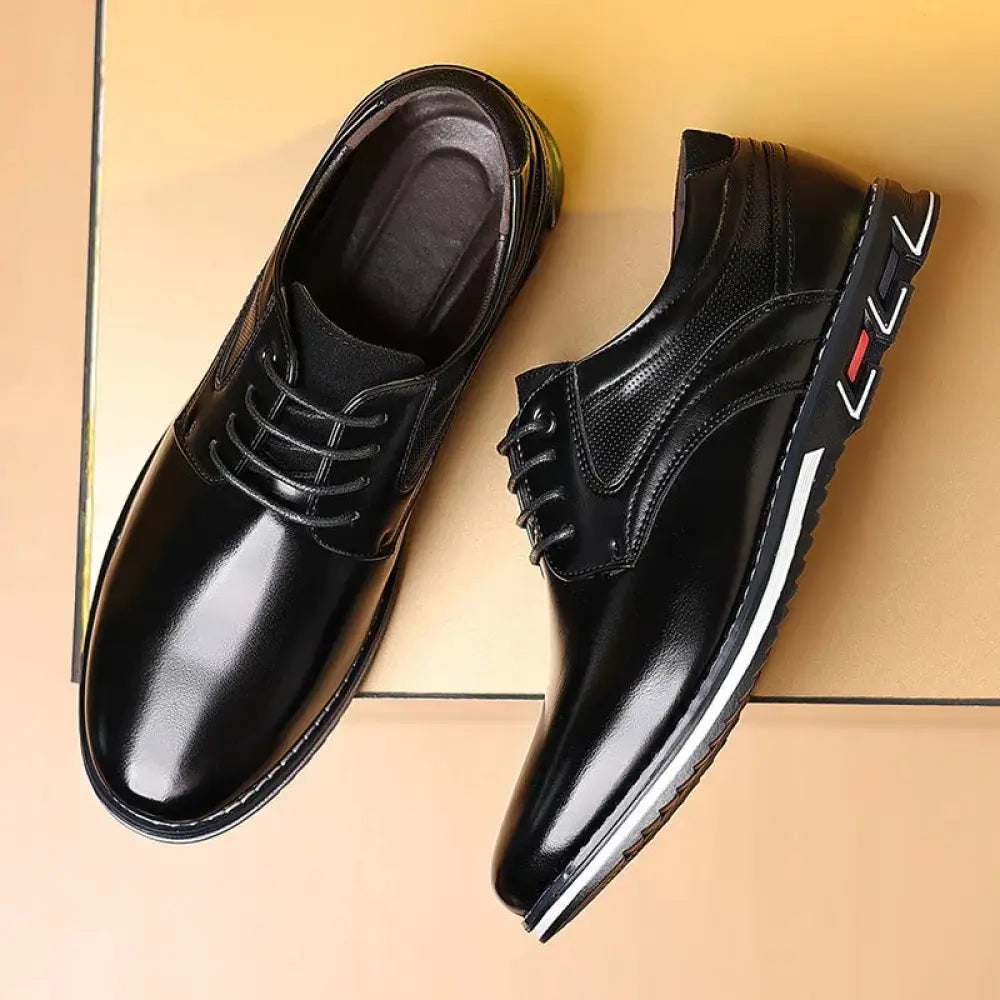 Men’s black polished leather lace up dress shoes with glossy finish and white and red side accents