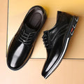 Men’s black leather lace up dress shoes with glossy finish and white and red side accents for formal wear