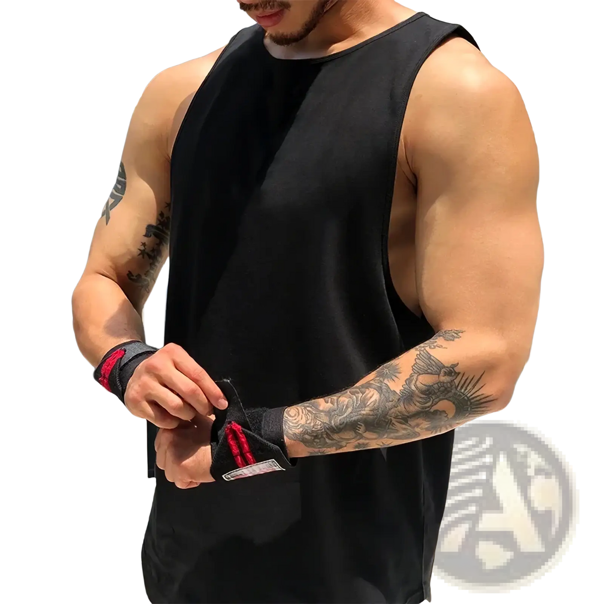 Black cotton athletic wrist wrap with red accents and a white label for mens workout use