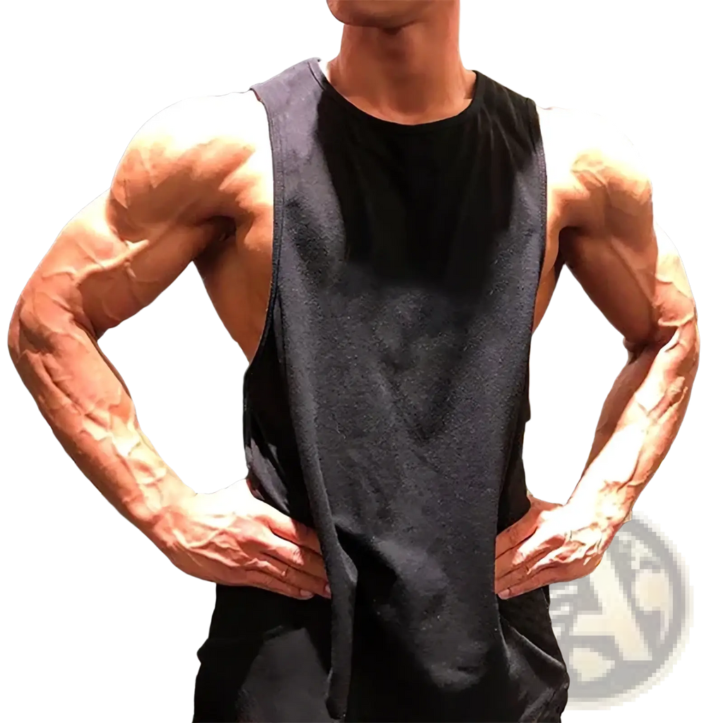 Black sleeveless mens workout cotton tank top designed for athletic use with breathable fabric and casual fit