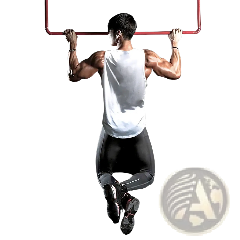 Red metal pull-up bar for mens workout cotton tank top supporting strength training exercises