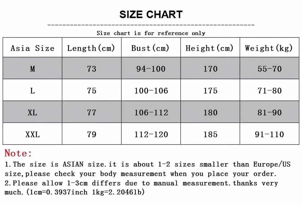 Size chart for mens workout cotton tank top showing measurements in centimeters and kilograms for sizes m to xxl