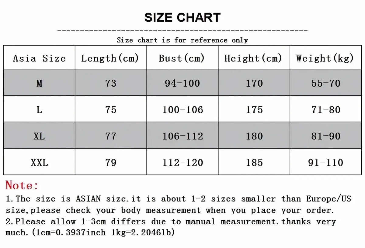 Size chart for mens workout cotton tank top showing measurements in centimeters and kilograms for sizes m to xxl