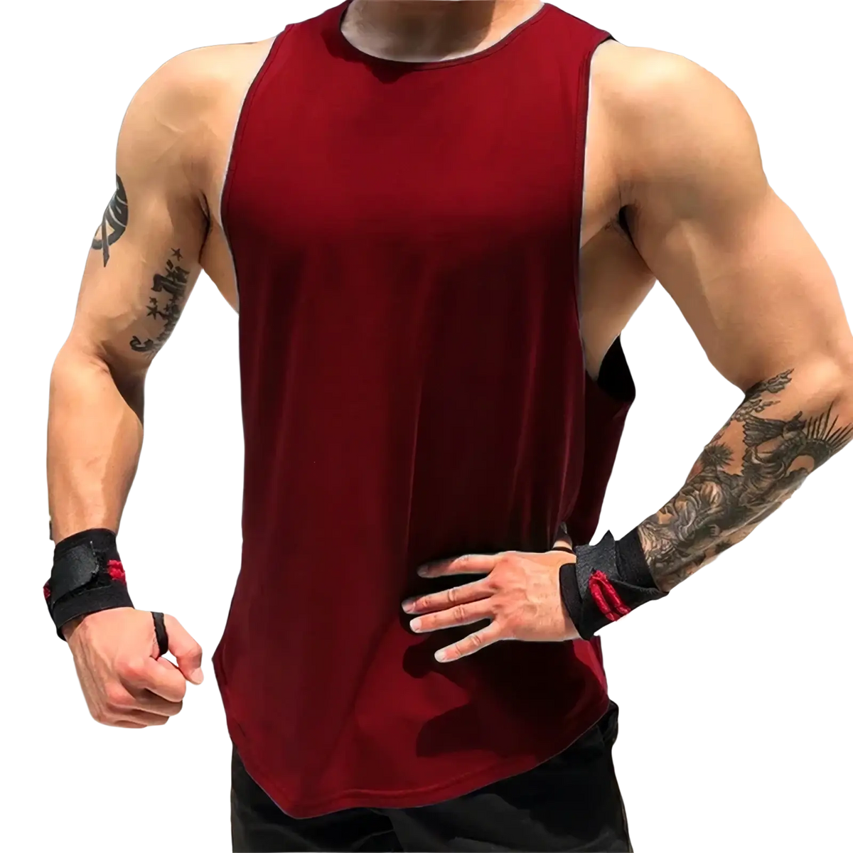 Mens workout cotton tank top in sleek deep red with sleeveless design and subtle black trim for athletic use
