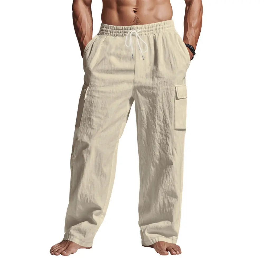 Men’s beige loose fit breathable linen wide leg cargo pants with elastic waistband and white drawstring