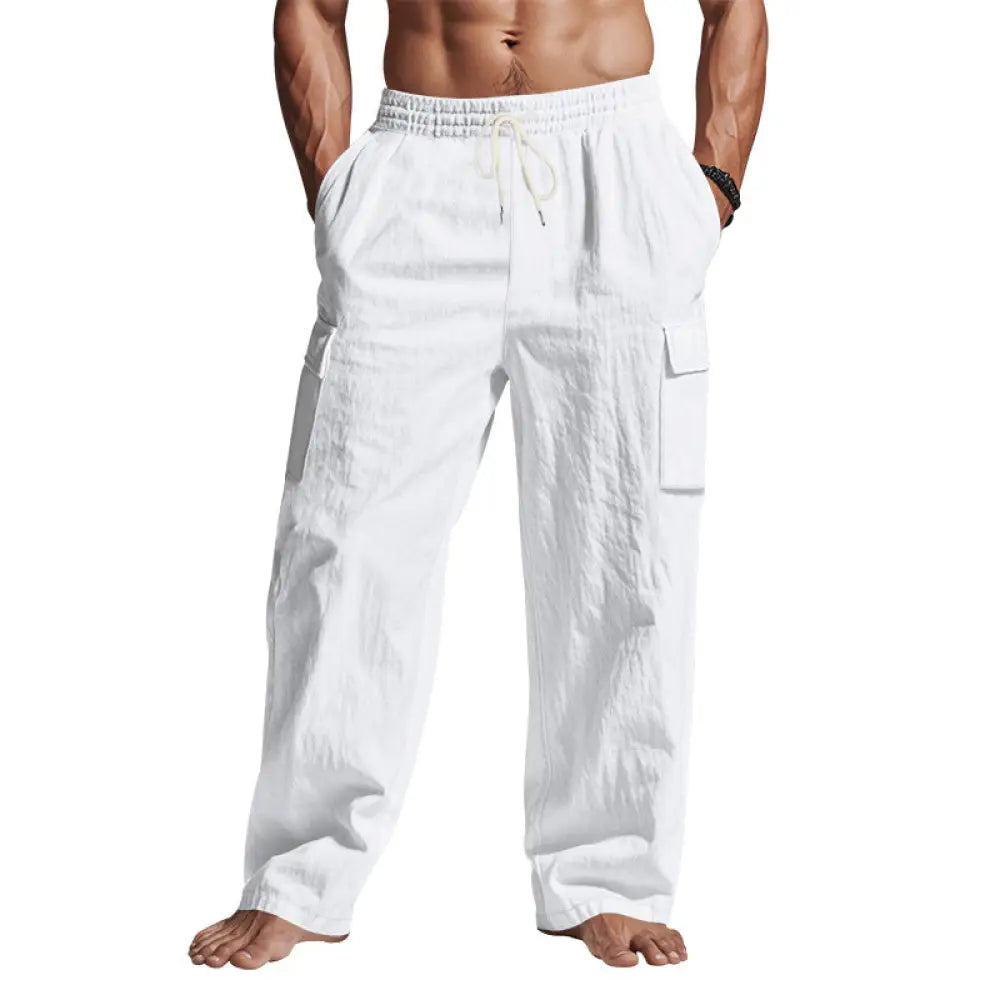 Men’s white loose fit breathable linen wide leg cargo pants with elastic waistband and drawstring