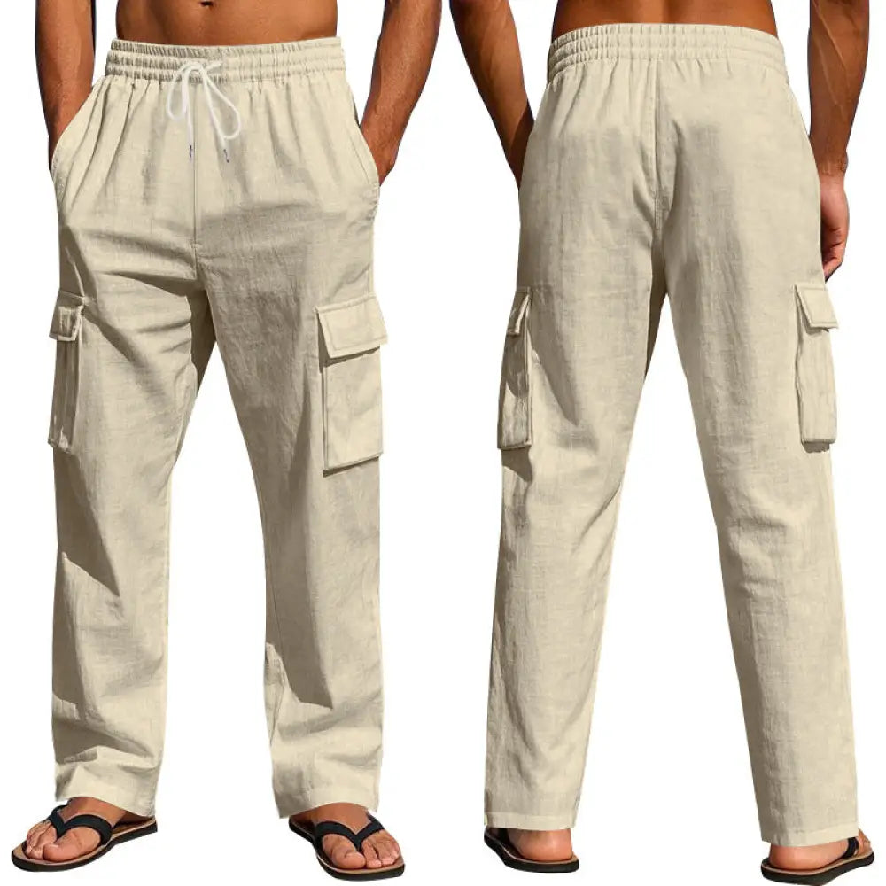 Beige men’s loose fit breathable linen cargo pants with wide legs drawstring waist and side pockets