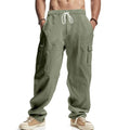 Men’s olive green loose fit breathable linen wide leg cargo pants with white drawstring waistband and flap pockets