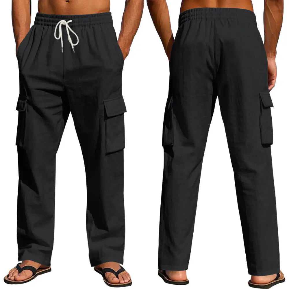 Men’s loose fit breathable linen black cargo pants with white drawstring waistband and multiple side pockets